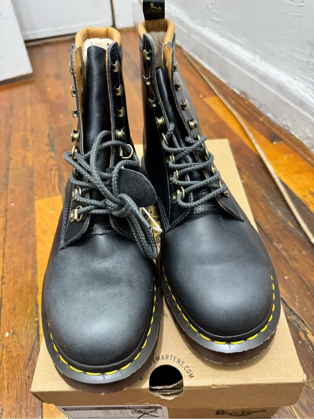 Dr. Martens Black Leather Lace-Up Boots with Yellow Stitching